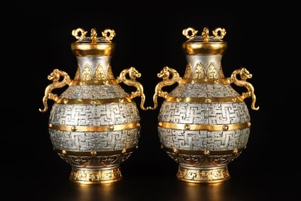 A Pair of Exquisite Bronze Inlaid Gold and Silver Dragon Pattern Double-Ears Cover Jars