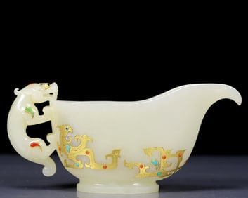 An Exquisite White Jade Inlaid Turquoise Dragon Pattern Goblet