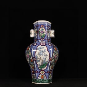 A Rare Blue and White Doucai Flower Pattern Double-Ears Vase