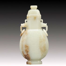 An Exquisite White Jade Dragon Pattern Double-Ears Bottle