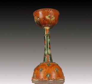 A Huge Tang Tri-Color Glazed Pottery Phoenix Pattern Candlestick