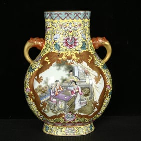 A Rare Yellow Ground Enamel Painted Gold Character and Story Pattern Elephant-Ears Vase