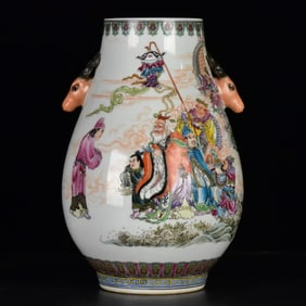 A Rare Famille-Rose Character and Story Pattern Deer-Ears Vase