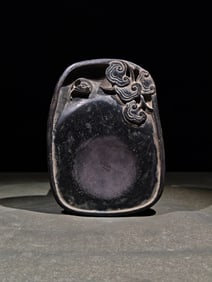 An Exquisite Bats and Ganoderma lucidum Pattern Inkstone,With Poem