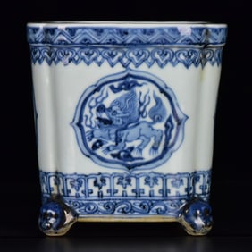 An Exquisite Blue and White Auspicious Beast Pattern Four Legs Censer