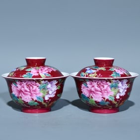 A Pair of Exquisite Ruby Red-Ground Enamel Peony Pattern Cover Bowls