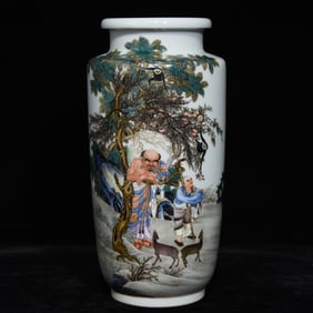 An Exquisite Famille-Rose Arhat Pattern Vase,With Poem