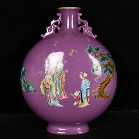 A Rare Purple Glazed Enamel Painted Gold Figure Pattern Dragon-Ears Vase,With Poem