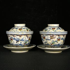 A Pair of Exquisite Doucai Character and Story Pattern Cup,With Tray