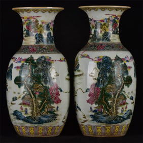 A Pair of Huge Famille-Rose Landscape and Figure Pattern Vases