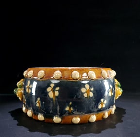A Rare Tang Tri-Color Glazed Pottery Flower Pattern Beast-Ears Jar,with an Imperial Poem