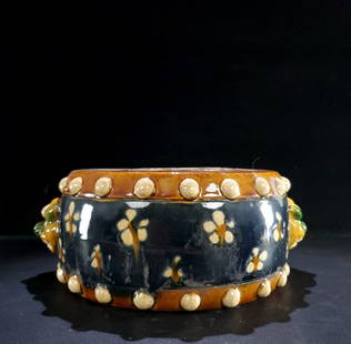 A Rare Tang Tri-Color Glazed Pottery Flower Pattern Beast-Ears Jar,with an Imperial Poem: A Rare Tang Tri-Color Glazed Pottery Flower Pattern Beast-Ears Jar,with an Imperial Poem,Tang Dynasty,China,Size:3.5inx8in 