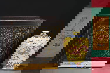 A Rare Yellow Ground Blue and White Seawater and Dragon Pattern Vase,With Chinese Vertical Scroll