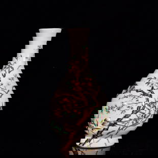 An Exquisite Famille-Rose Flower and Bird Pattern Vase,with Poem: An Exquisite Famille-Rose Flower and Bird Pattern Vase,with Poem,Qing Dynasty,China,Yongzheng Four-Character Mark,Size:11inx5.9in 