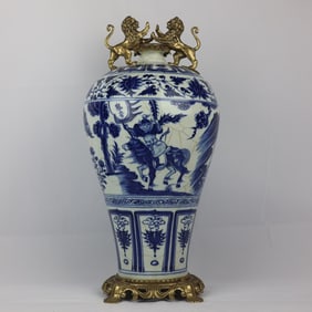 A Huge Blue and White Figure and Story Pattern Inlaid Bronze Lion-Ears Vase