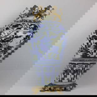 A Huge Blue and White Figure and Story Pattern Inlaid Bronze Lion-Ears Vase: A Huge Blue and White Figure and Story Pattern Inlaid Bronze Lion-Ears Vase,Yuan Dynasty,China,Size:21.3inx9.1in 