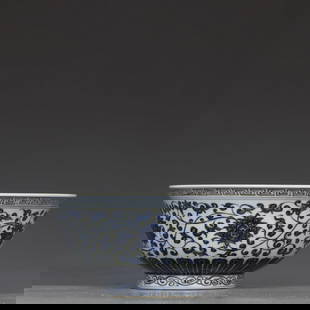 A Rare Blue and White Lotus Pattern Bowl: A Rare Blue and White Lotus Pattern Bowl,Ming Dynasty,China,Xuande Six-Character Mark,Size:3.8inx8.5in 