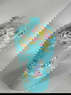 A Pair of Exquisite Famille-Rose and Green Ground Figure Pattern Vase: A Pair of Exquisite Famille-Rose and Green Ground Figure Pattern Vase,Qing Dynasty, China,Yongzheng Six-character Mark,Size:13.3inx7.7in 