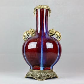 A Huge Flambe Glazed Inlaid Bronze Wealth-Attracting Creature-Ears Vase