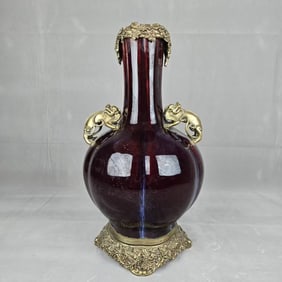 A Huge Flambe Glazed Inlaid Bronze Wealth-Attracting Creature-Ears Vase