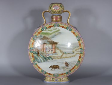 An Exquisite Famille-Rose Yellow Glazed Lotus Pattern Double-Ears Vase
