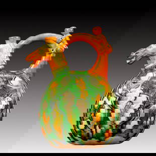 A Rare Tang Tri-Color Glazed Pottery Horse Head Ewer: A Rare Tang Tri-Color Glazed Pottery Horse Head Ewer,Tang Dynasty, China,Chinese Tang Tri-colored Pottery, or Tang Sancai, flourished during the Tang Dynasty (618–907 AD). It's renowned for its