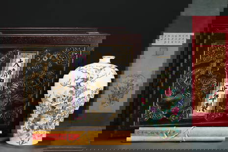 A Rare Famille-Rose Flower and Bird Pattern Vase,With Chinese Vertical Scroll Ink Painting on Silk: A Rare Famille-Rose Flower and Bird Pattern Vase,With Chinese Vertical Scroll Ink Painting on Silk,Qing Dynasty, China,Yongzheng Six-character Mark,Size:(Without