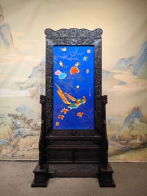 An Exquisite Redwood Inlaid Porcelain Plaques Enamel Flower and Bird Pattern Screen