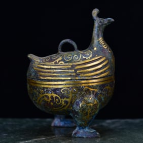 An Rare Bronze Inlaid Gold Flower Pattern Bird-Shaped Jar with Cover,With Inscription