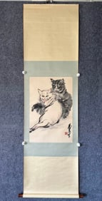 A Chinese Vertical Scroll Ink Painting of Cat on Paper