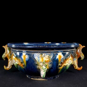 A Rare Tang Tri-Color Glazed Pottery Flower and Bird Pattern Elephant-Ears Brush Washer