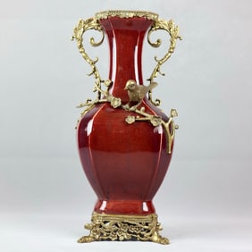 A Huge Flambe Glazed Inlaid Bronze Flower and Bird Double-Ears Vase