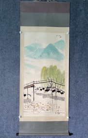 A Chinese Vertical Scroll Ink Painting of Landscape on Paper
