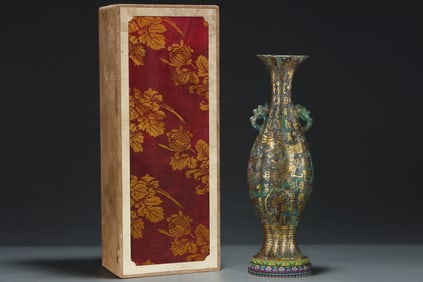 A Rare Bronze Inlaid Gold Fish Pattern Double-Ears Vase,with Inscription