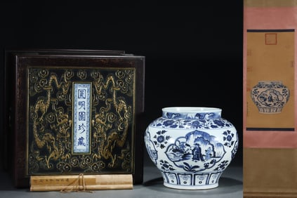 An Exquisite Blue and White Figure and Story Pattern Jar,with Vertical Scroll Painting on Silk