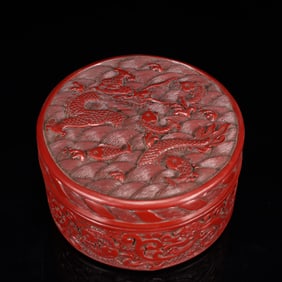 An Exquisite Carved Red Lacquer Dragon and Fish Pattern Box with Cover