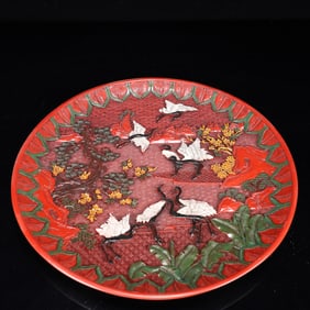A Rare Carved Red Lacquer Painted Color Pine and Crane Pattern Plate