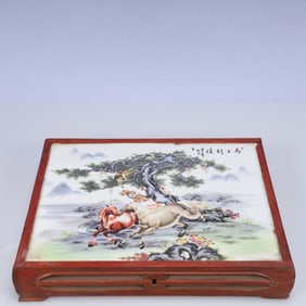A Rare Huanghuali wood Inlaid Porcelain Plaques Horse Pattern End Table