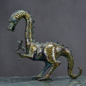 An Rare Bronze Inlaid Gold Dragon Ornament,With Inscription