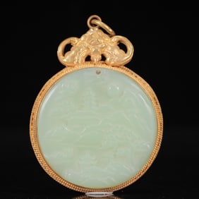 An Exquisite Gilt Silver Inlaid White Jade Landscape Pattern Pendant