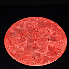 A Rare Carved Red Lacquer Dragon Pattern Plate