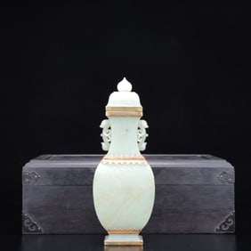 An Exquisite White Jade Cover with Gold Landscape Pattern Double-Ears Bottle,with Poem