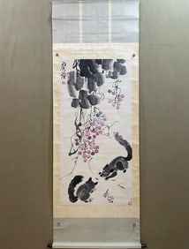 A Chinese Vertical Scroll Ink Painting of Squirrel and Grapes on Paper,Qi Baishi