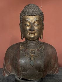 A Huge Limestone Painted Color Buddha Statue Ornament