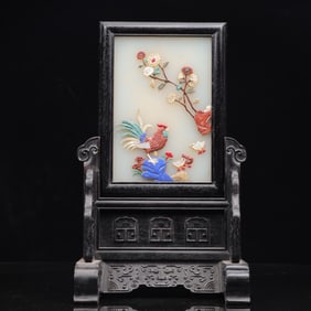 An Exquisite Zitanwood Inlaid Gems Animal Pattern Table Screen