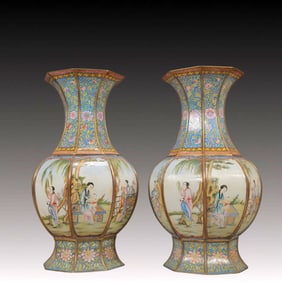 A Pair of Rare Painted Enamel Character and Story Pattern Vases
