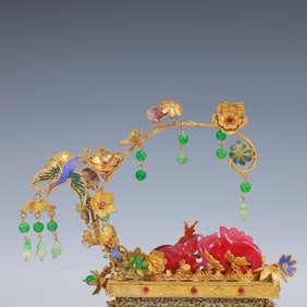 An Exquisite Filigree and Gilding Inlaid Jadeite Mouse and Dragon Ornament,Inlaid Gems