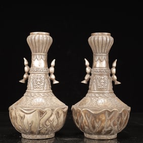 A Pair of Exquisite Silver-plated Copper Lotus Pattern Double-Ears Vase
