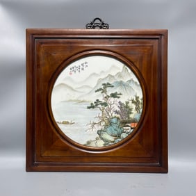 An Exquisite Nanmu Inlaid Porcelain Plaques Famille-Rose Landscape Pattern Hanging Panel,with Poem
