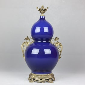 A Huge Ruby Blue Glazed Inlaid Bronze Flower Double-Ears Gourd Vase